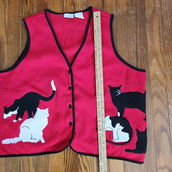 Vintage Blair Cat Vest Red Fleece Size XL Buttons Tuxedo Black Cat Lightweight - Picture 5 of 16